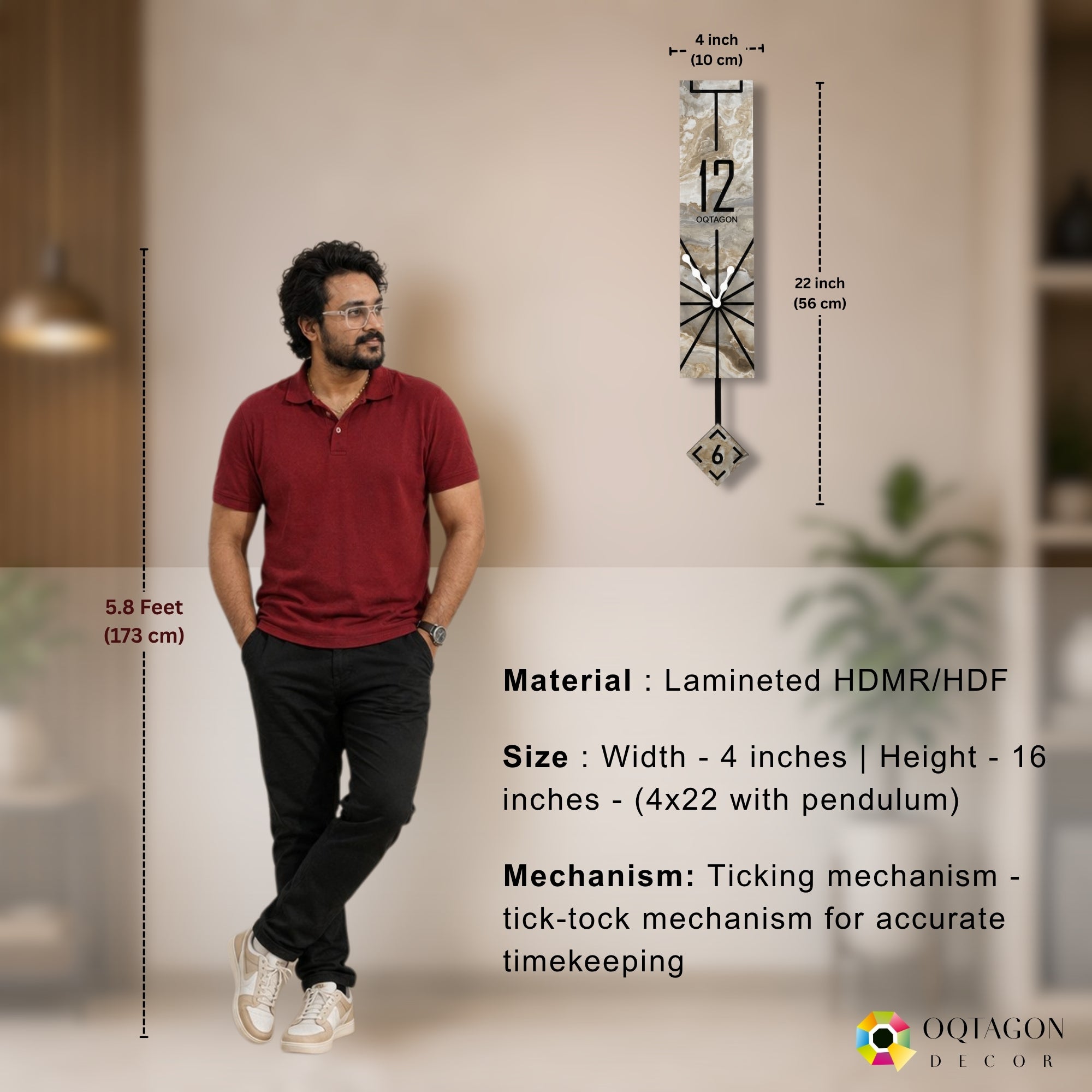 Vertical Aura - Marble Finish Designer Pendulum Wall Clock