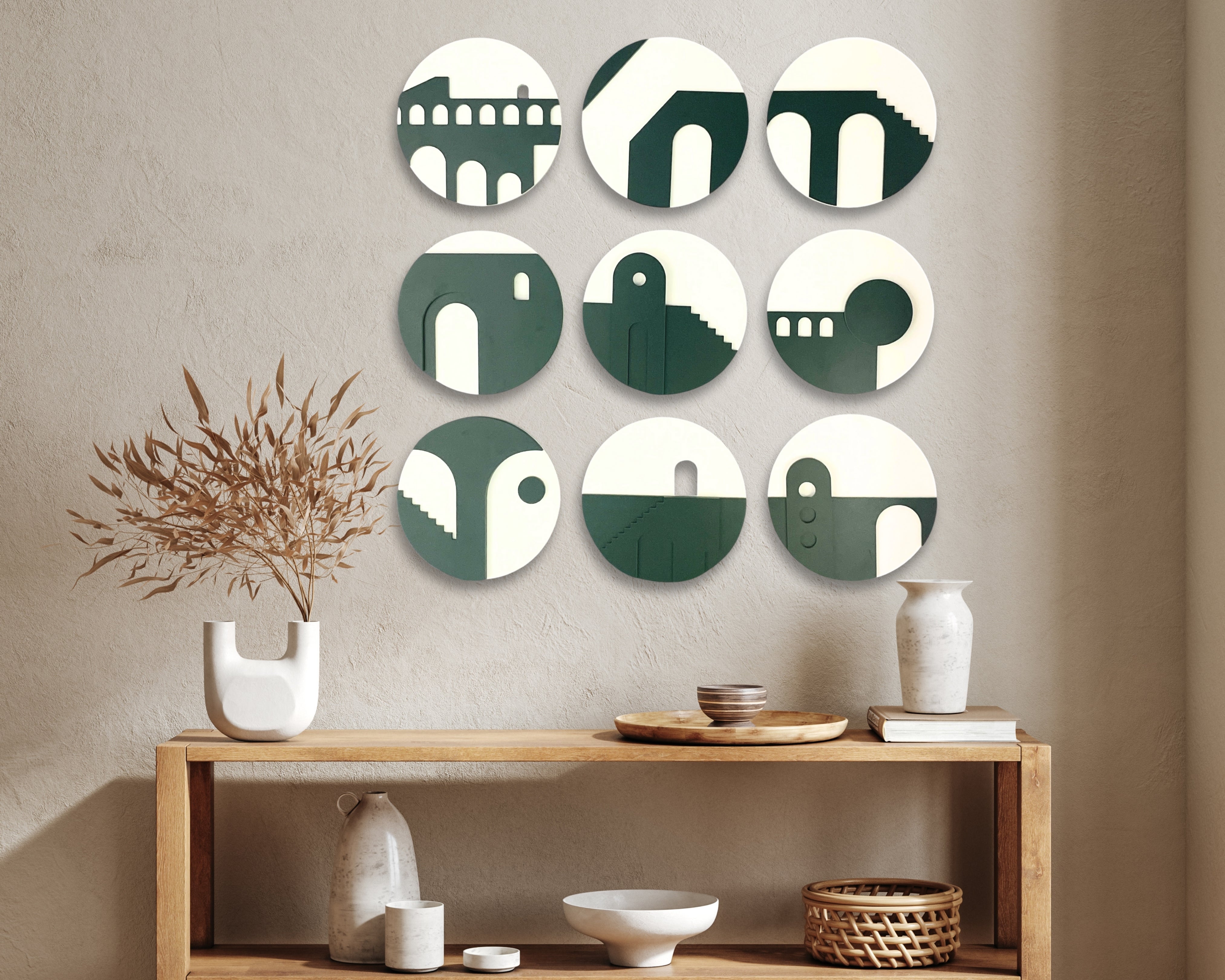 Geometric Architecture-Inspired 3D Circle Wall Art – Set of 9