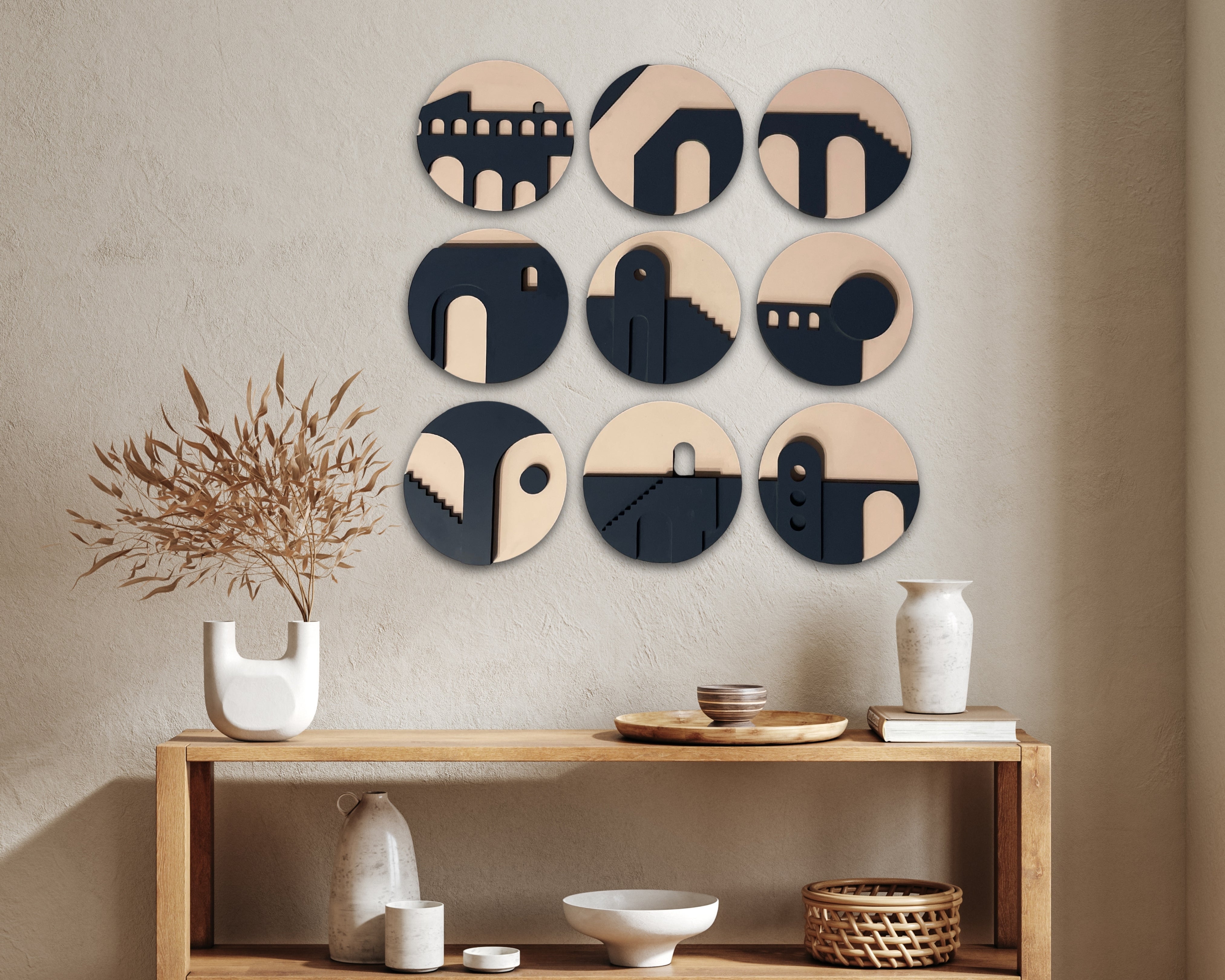 Geometric Architecture-Inspired 3D Circle Wall Art – Set of 9