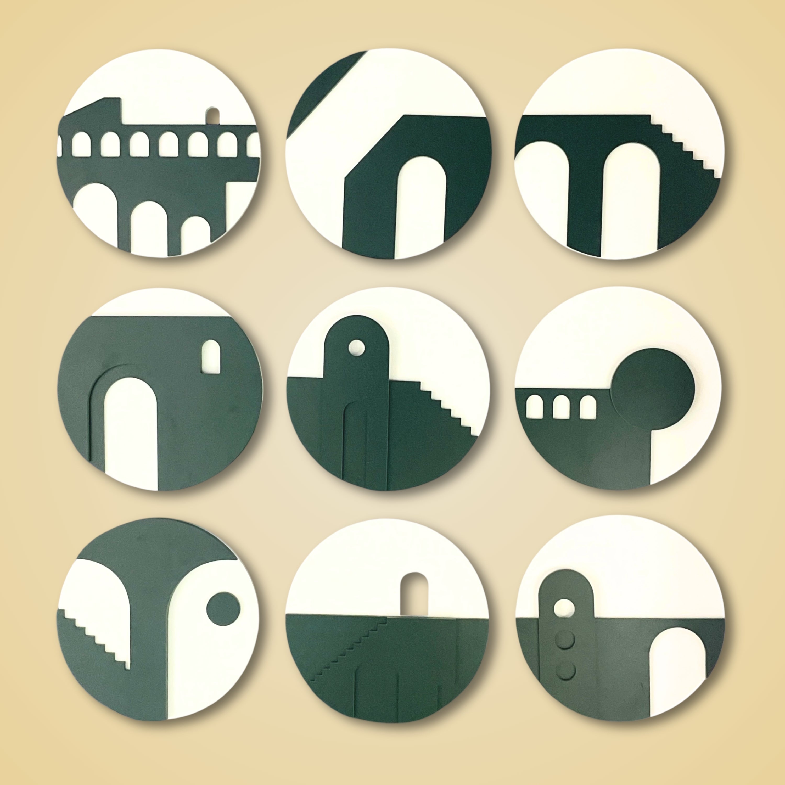 Geometric Architecture-Inspired 3D Circle Wall Art – Set of 9