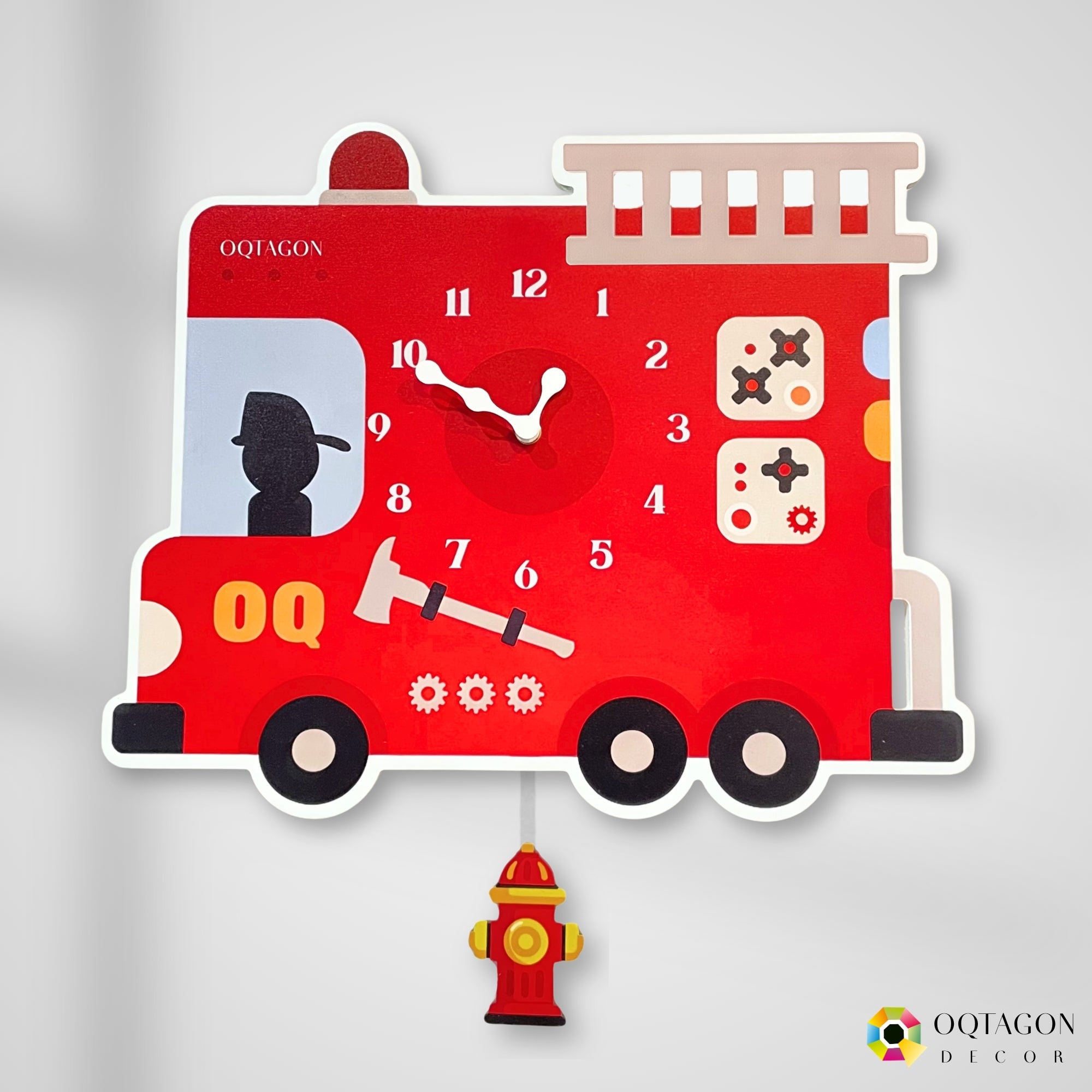 Little Fire Hero - Designer Fire Truck Kids Pendulum Wall Clock