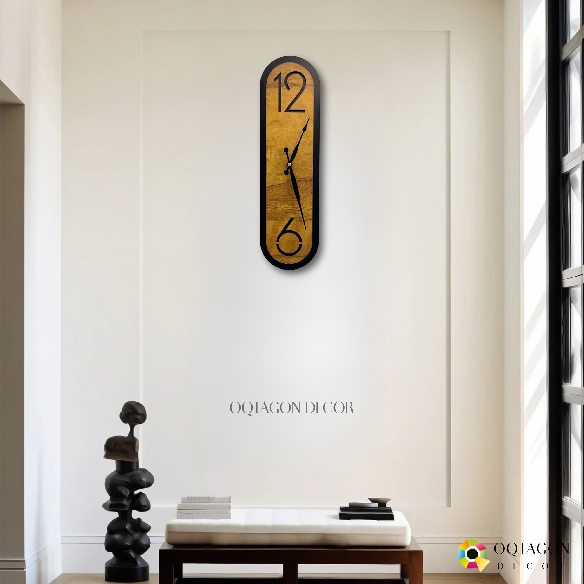 Wooden Aura Slim Designer Wall Clock - Modern Vertical Wall Decor
