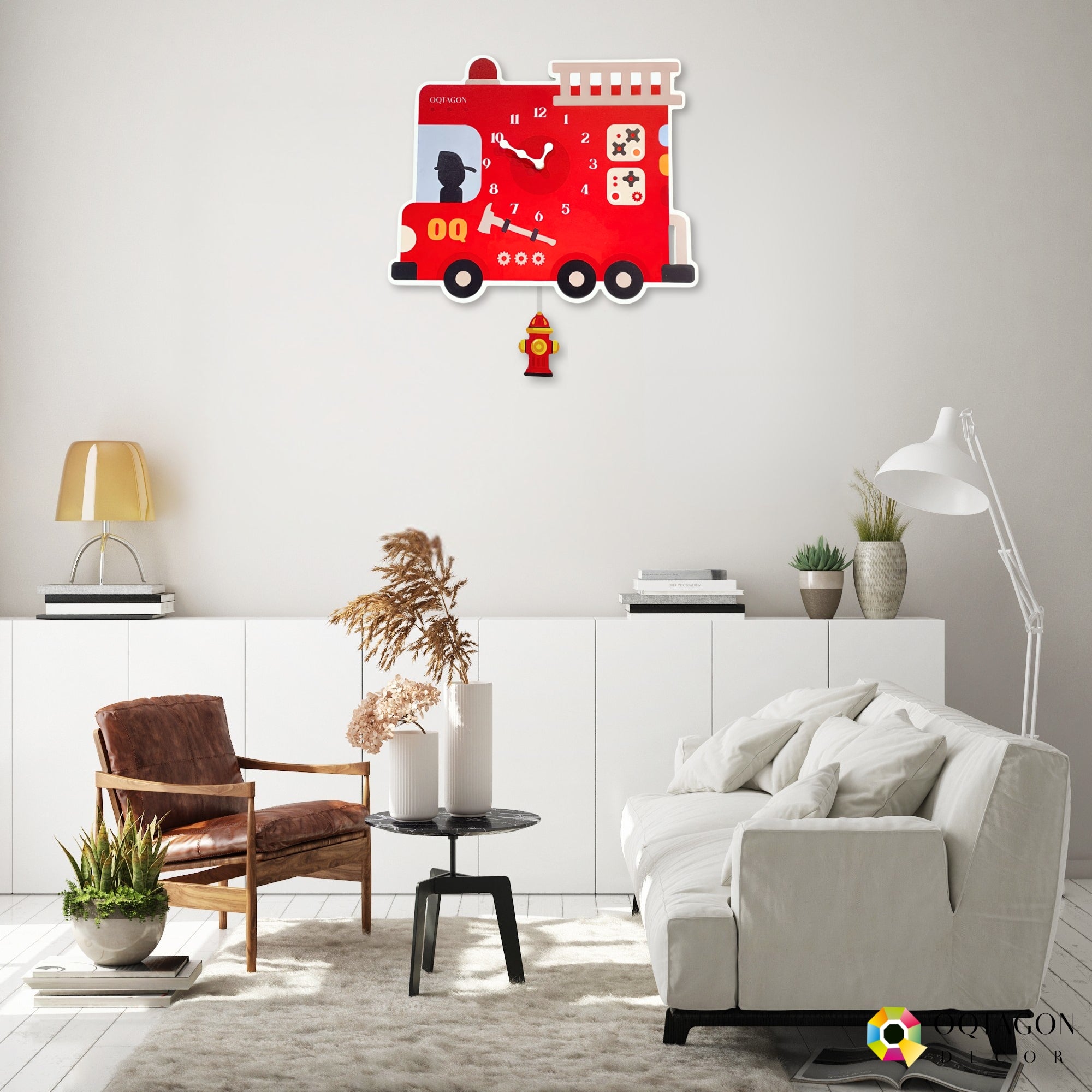 Little Fire Hero - Designer Fire Truck Kids Pendulum Wall Clock