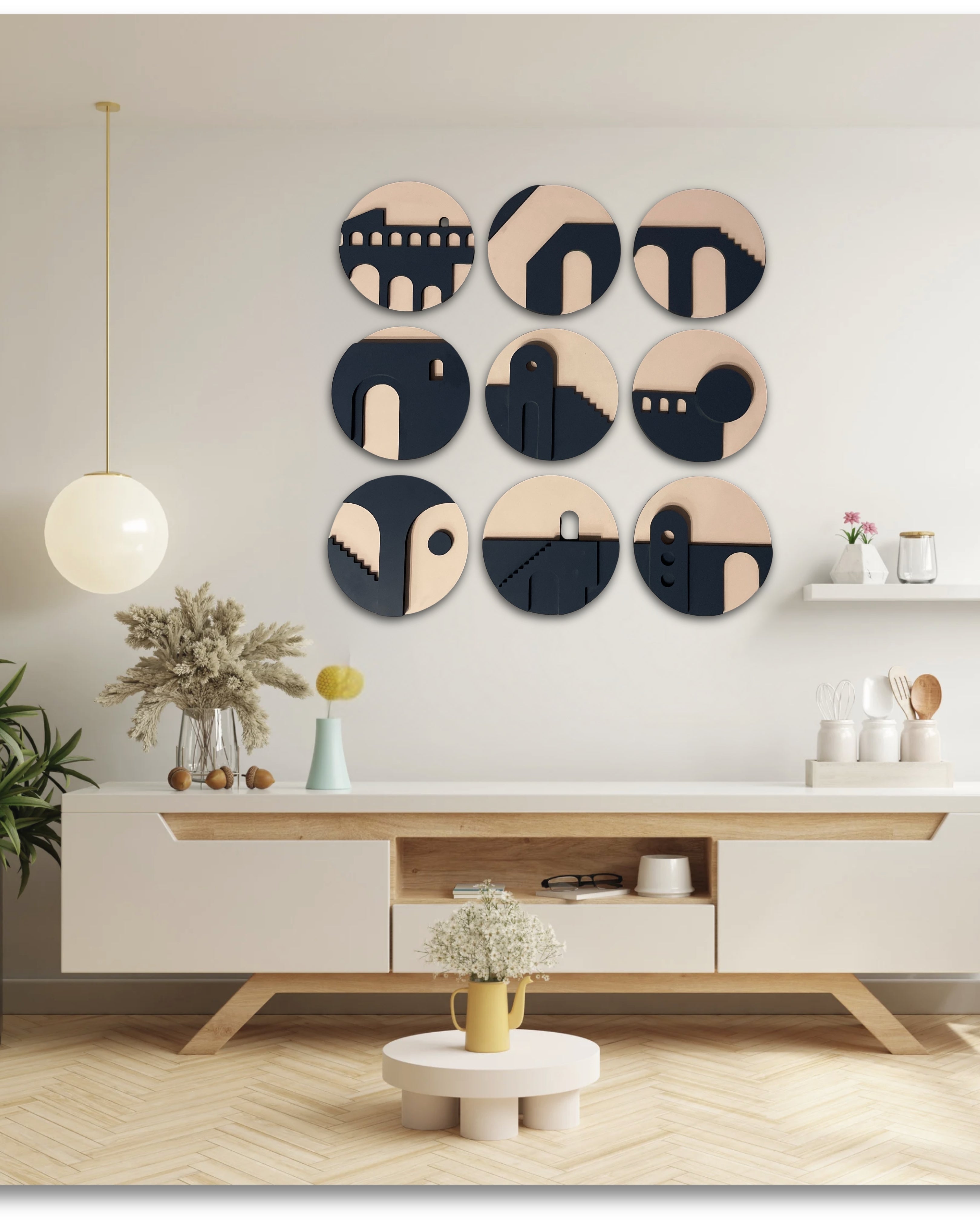 Geometric Architecture-Inspired 3D Circle Wall Art – Set of 9