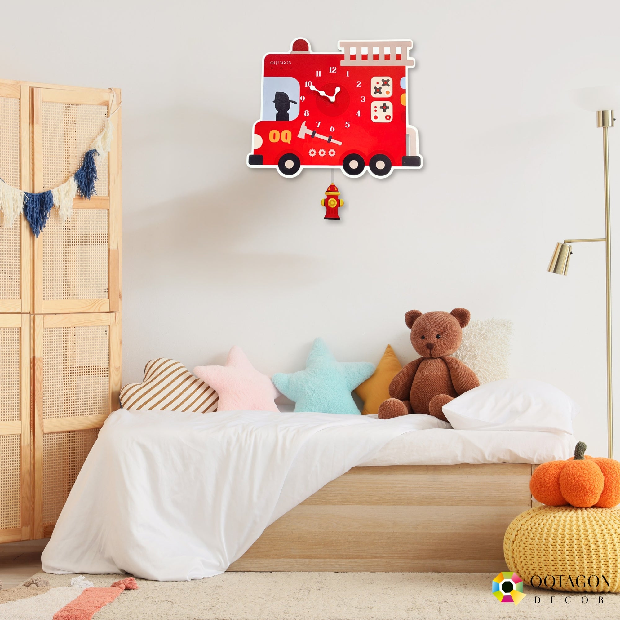 Little Fire Hero - Designer Fire Truck Kids Pendulum Wall Clock